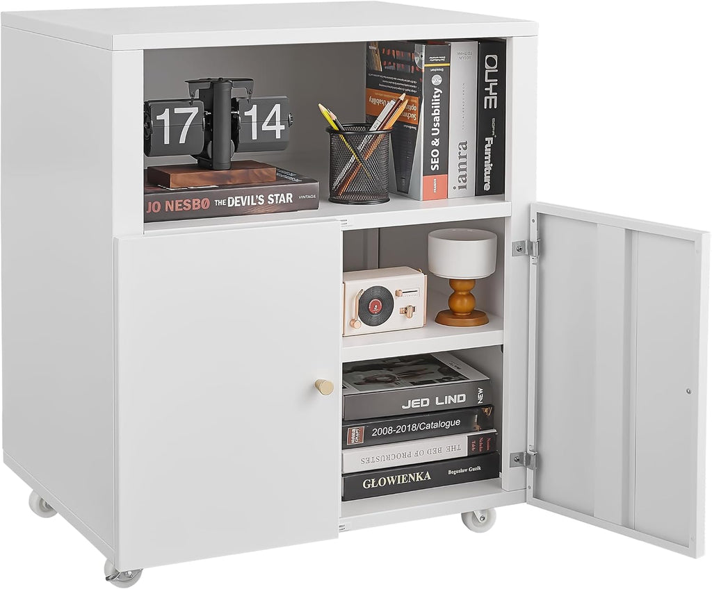 GarveeLife Metal Printer Cabinet with Storage, Heavy Duty Rolling 3D Printer Stand with 2 Doors, Under Desk File Cabinet for Home Office Corner and Small Spaces White