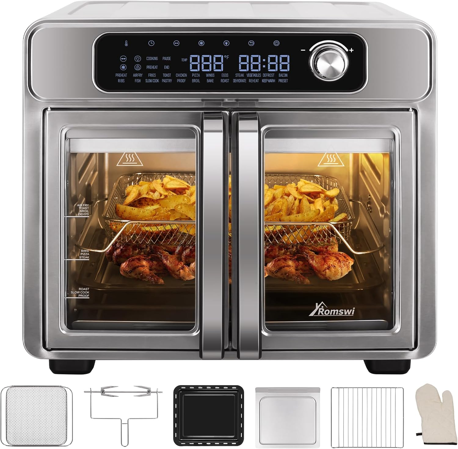 Romswi 26QT French Door Air Fryer Toaster Oven Combo, 24 Cooking Functions and Digital Controls, Fits 12' Pizza, 6 Slices of Toast, Rotisserie 6lb Chicken, 6 Accessories Included