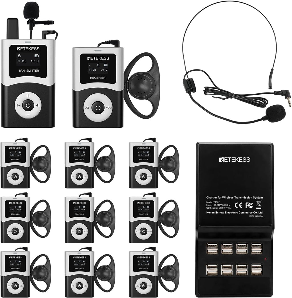 Retekess T130U(4nd Gen T130) Audio Tour Guide System, Tour Guide Headsets for Both Ear, 200m, 16 USB Charging Ports, Easy Operation, Translation System for Factory, School(1 Transmitter 10 Receivers)