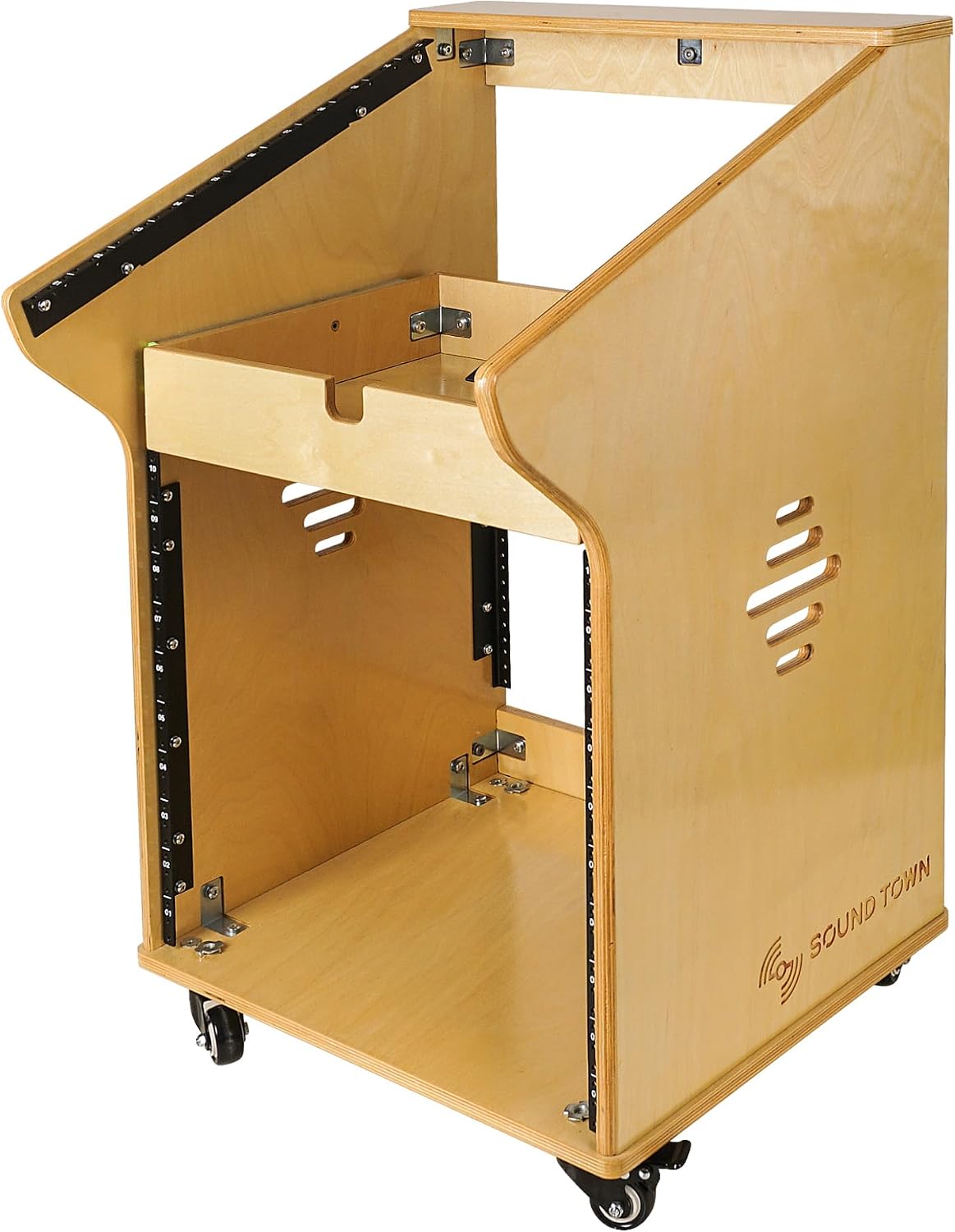 Sound Town DIY Solid Baltic Birch Plywood Studio Rack with 11U Slant Mixer Top, 10U Front, 2U Drawer, Rubber Feet, Casters, Golden Oak (SDRK-M11X10)