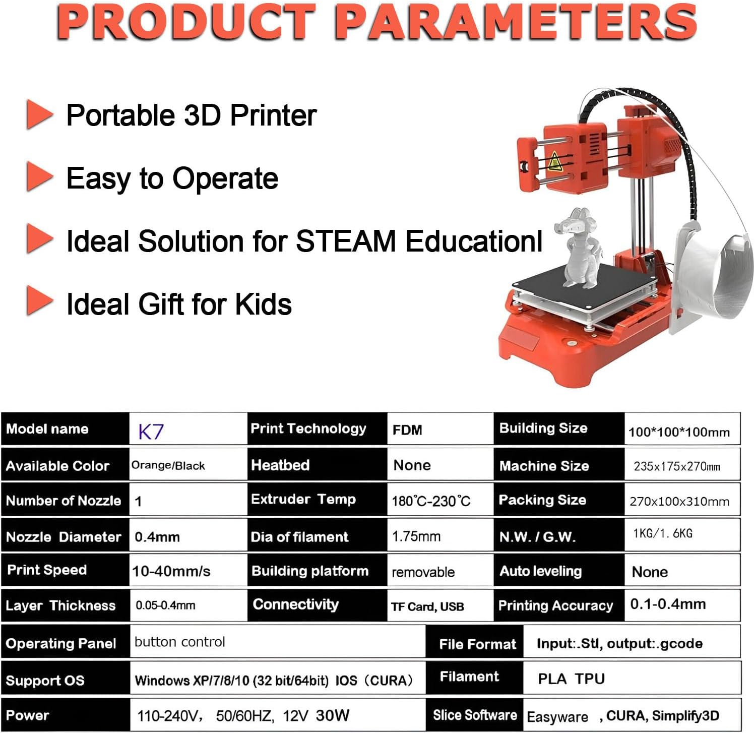 Mini 3D Printer for Kids,100 * 100 * 100mm Print Size,with Pla Filament,USB Cable,Tf Card,Magnetic Removable Plate,Leveling-Free Printer,for Beginners,Kids,Student Education Orange