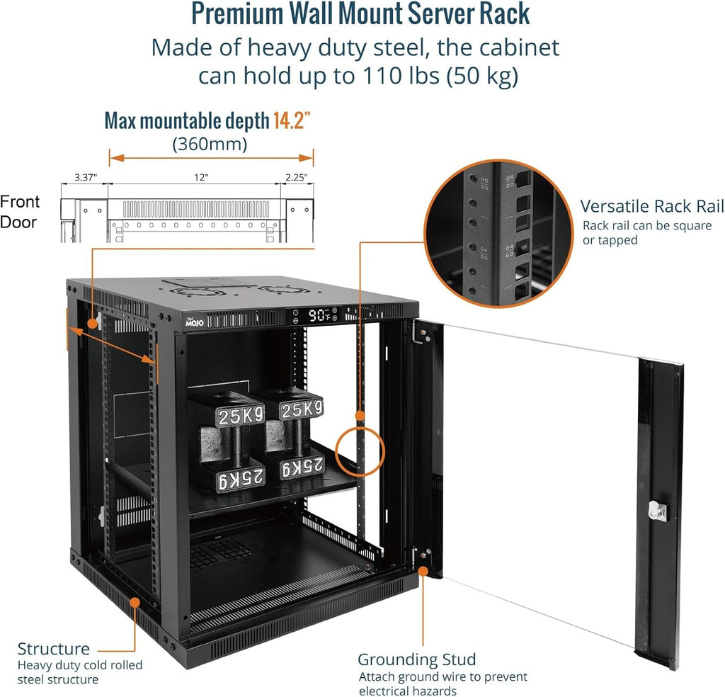 Tecmojo 12U Wall Mount Rack with Thermostat, 17.7inch Depth Enclosed Server Cabinet with 2 Cooling Fans,Lockable Door & Hardware,12U Rack for 19inch Equipments,Glass Door