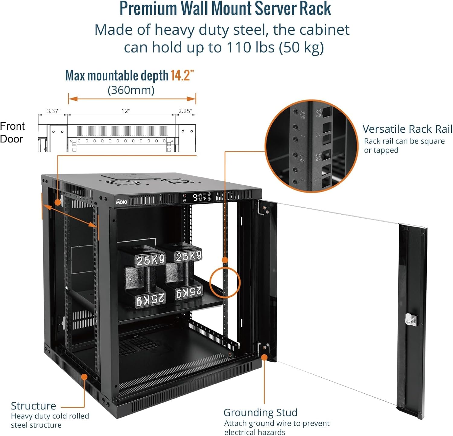Tecmojo 12U Wall Mount Rack with Thermostat, 17.7inch Depth Enclosed Server Cabinet with 2 Cooling Fans,Lockable Door & Hardware,12U Rack for 19inch Equipments,Glass Door