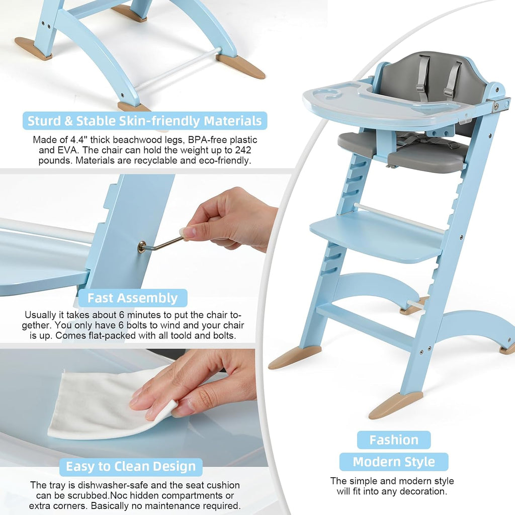 Cowiewie New Upgrade 3-in-1 Convertible Wooden High Chair for Babies & Toddlers 10 Levels Adjustable 3-Tier Remove 2 Waterproof Cozy Cushions Blue