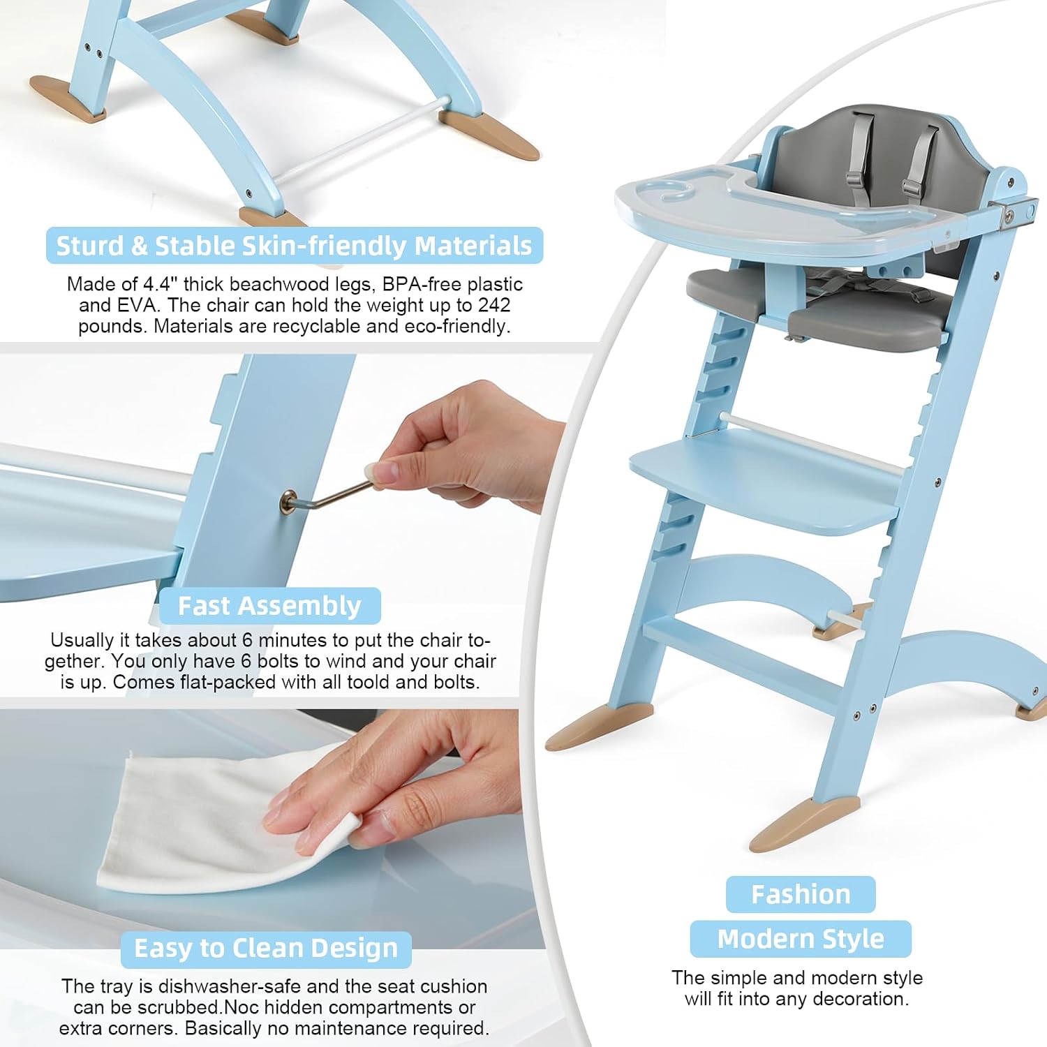 Cowiewie New Upgrade 3-in-1 Convertible Wooden High Chair for Babies & Toddlers 10 Levels Adjustable 3-Tier Remove 2 Waterproof Cozy Cushions Blue