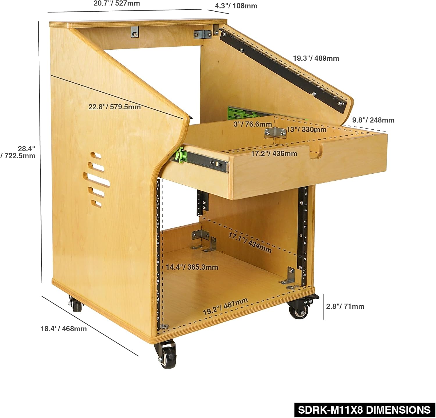 Sound Town DIY Solid Baltic Birch Plywood Studio Rack with 11U Slant Mixer Top, 8U Front, 2U Drawer, Rubber Feet, Casters, Golden Oak (SDRK-M11X8)