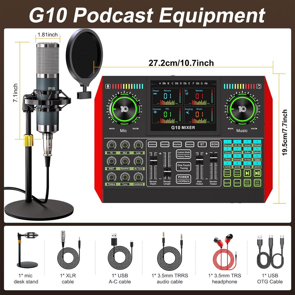 Podcast Microphone Bundle with Live Sound Board Audio Mixer, Podcast Equipment Bundle with 3.5mm Condenser Microphone(P15) for Pc/Phone Live Streaming Singing Gaming, Voice Changer, Denoise