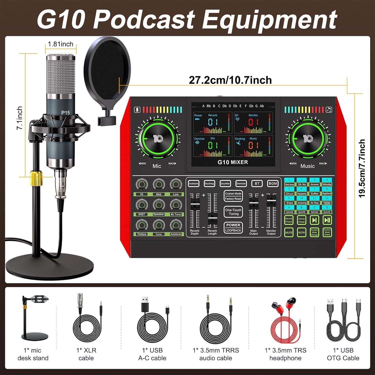 Podcast Microphone Bundle with Live Sound Board Audio Mixer, Podcast Equipment Bundle with 3.5mm Condenser Microphone(P15) for Pc/Phone Live Streaming Singing Gaming, Voice Changer, Denoise