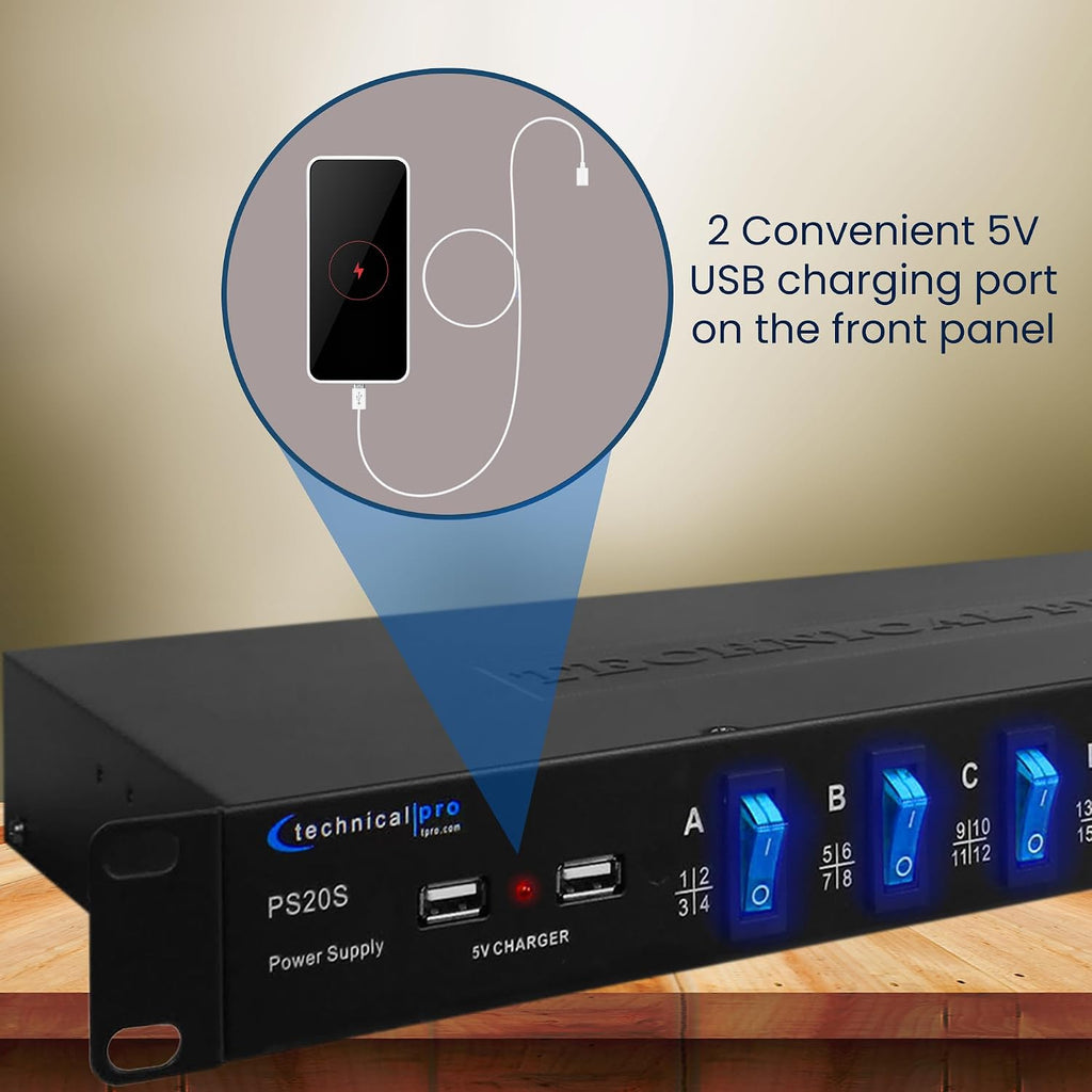 Power Supply Strip Unit Surge Protector - 19' Rack Mount 20 Outlet Including 16 Rear Panel 120V 3-Prong Plug sockets, 4 Front Panel AC Outlets, 3X 5V USB Charging Ports by Technical Pro