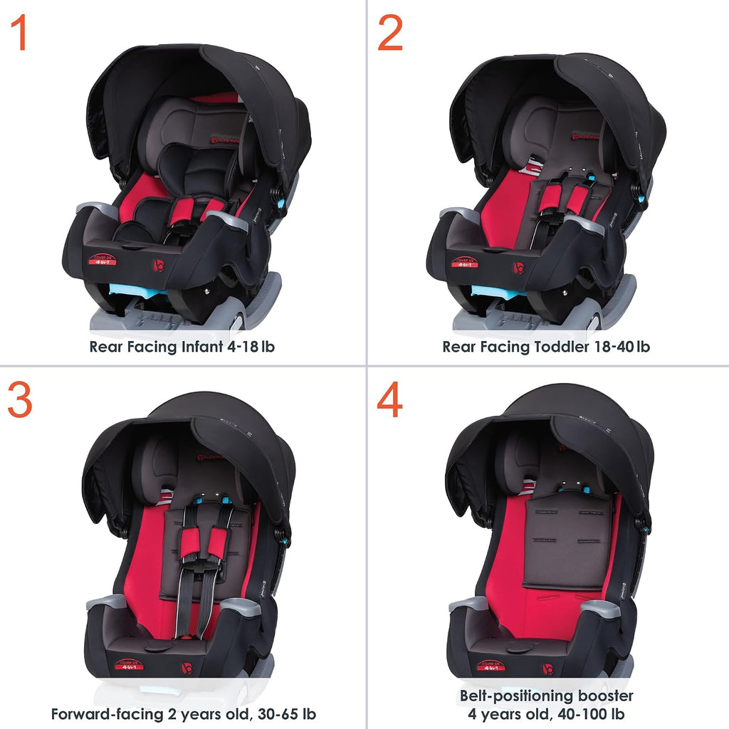 Baby Trend Cover Me™ 4-in-1 Convertible Car Seat, Scooter – Built-in Canopy, 4-Stage Growth System, Plush Comfort Padding, Multi-Position Recline