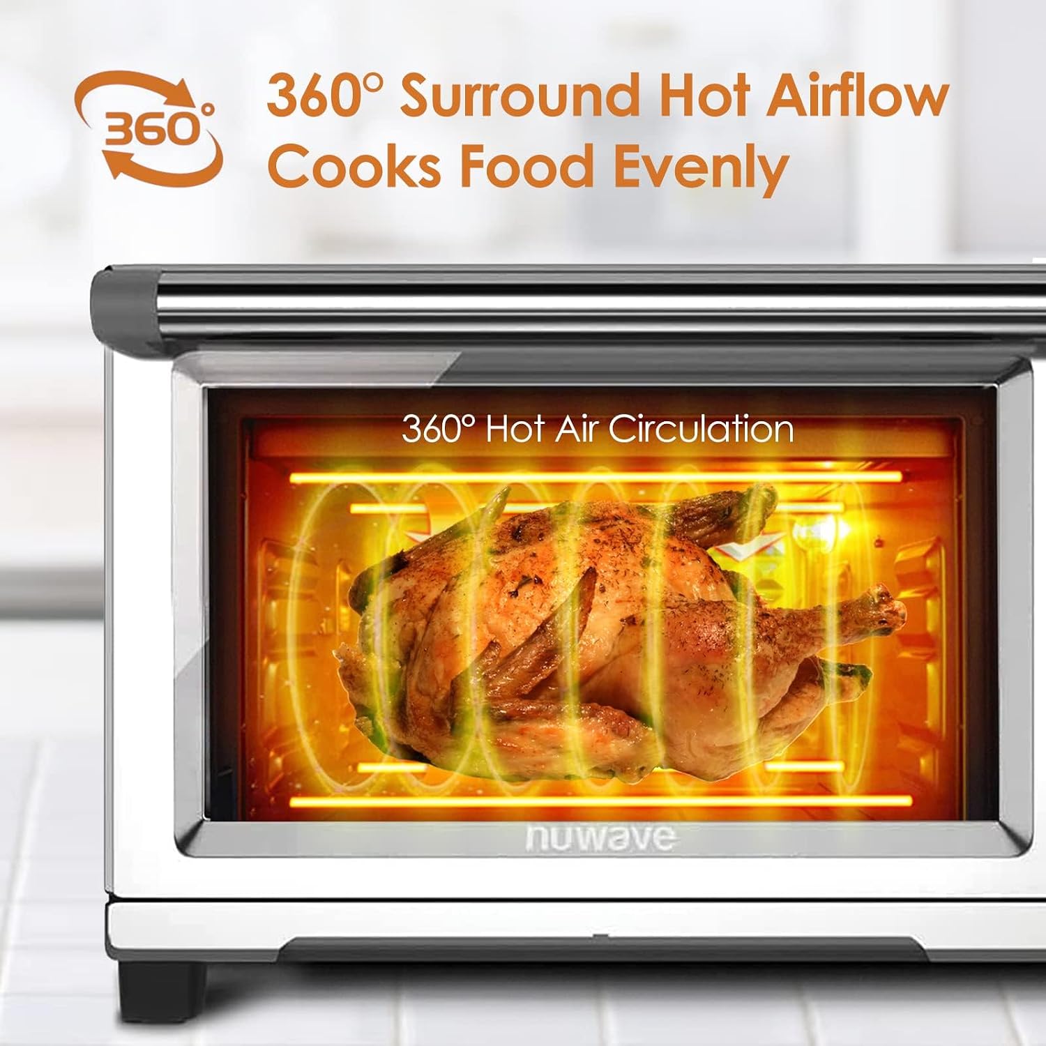 Nuwave Bravo Air Fryer Convection Oven Countertop, 100-in-1 Smart Grill Combo,10 Toaster Settings, Finer Control of 5 Heaters & 3 Fan Speed, 50-500°F, Smart Thermometer, Stainless Steel, PFAS Free