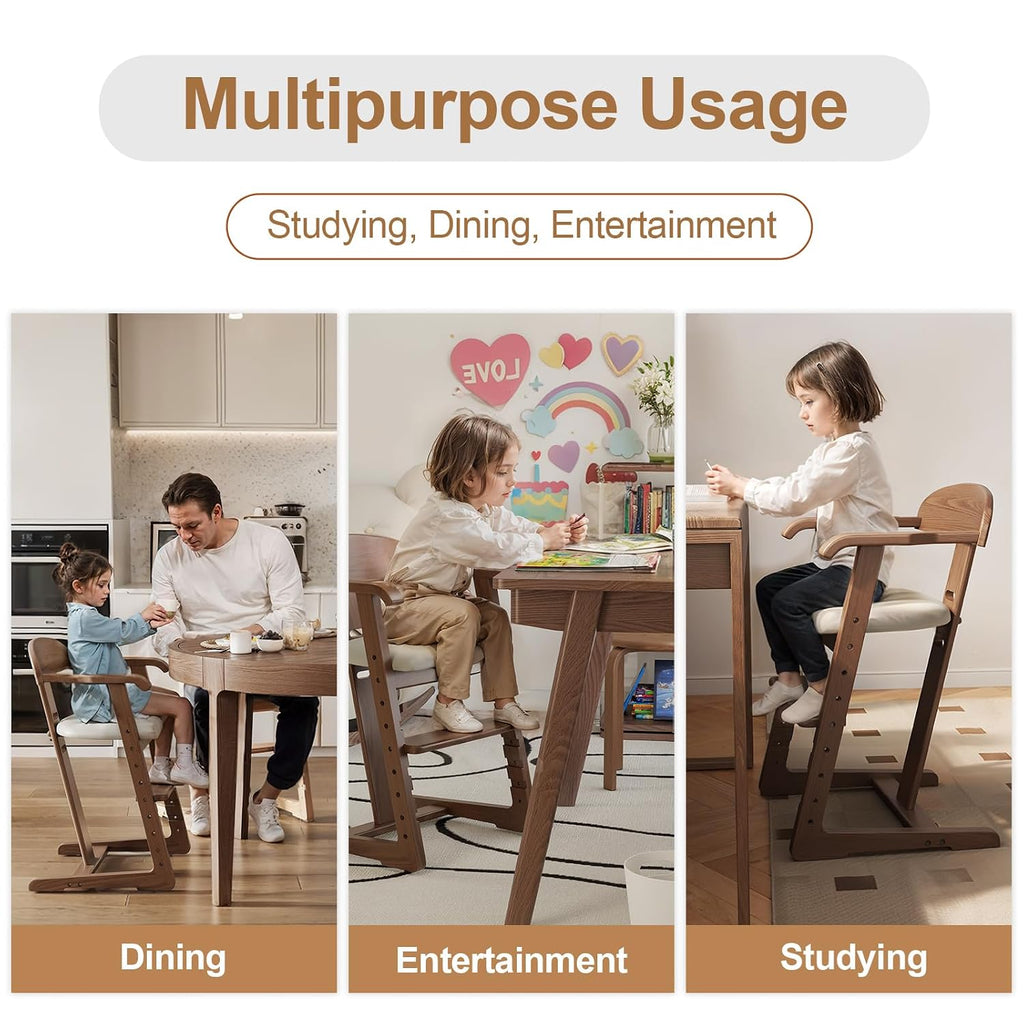 DOMGMUWUJEE Solid Wood Toddler Dining Chair - Adjustable Height Easy to Clean Toddler high Chair - Kids high Chair from 3 Years to 200 Lb, Grow with Child(Walnut)
