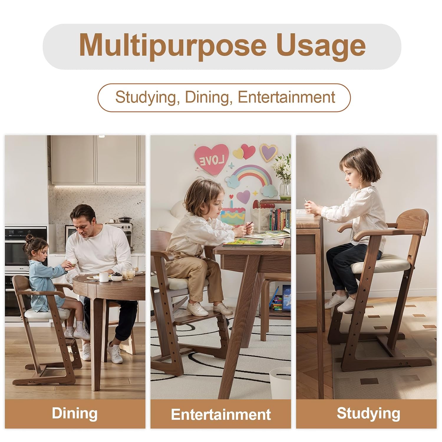 DOMGMUWUJEE Solid Wood Toddler Dining Chair - Adjustable Height Easy to Clean Toddler high Chair - Kids high Chair from 3 Years to 200 Lb, Grow with Child(Walnut)