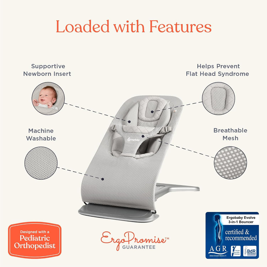 Ergobaby Evolve 3-in-1 Bouncer Seat for Babies and Toddlers 5.5-25lbs - Multi Position Baby Rocker Seat with Adjustable Heights, Secure Harness, Newborn Insert - Grey