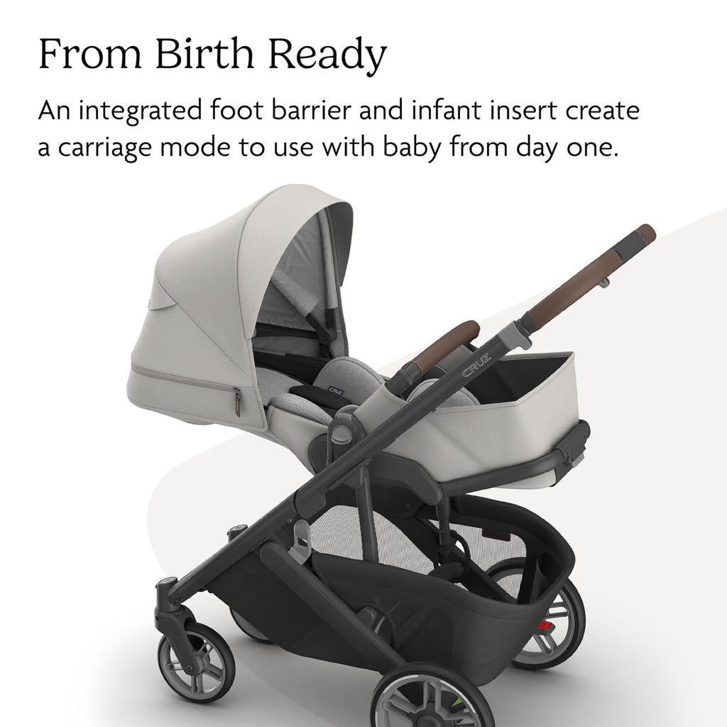 UPPAbaby Cruz V3 Stroller - from Birth + Car Seat Compatible - Full-Size, Reversible Seat - Infant Insert, Bug and Rain Shields Included - Savannah (Pearl Gray Jacquard/Carbon Frame/Chestnut Leather)
