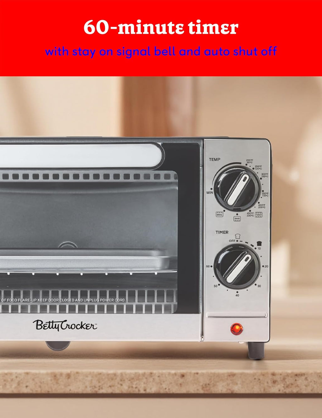 Betty Crocker 9L Toaster Oven, 2-Slice Toaster with Chrome Plated Front, Stainless Steel Handle, Bake, Broil & Toast Functions, Easy Control Dials, Includes Baking Pan & Rack, BC-5665B, Black/Silver