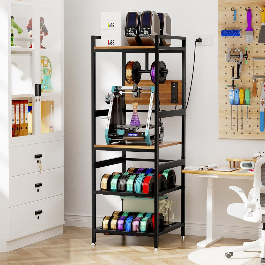 3D Printer Stand with Filament Storage, Heavy-Duty Metal Frame, T-Type Filament Holder, Built-in Power Panel, Open Frame Printer Workstation for Home & Workshop