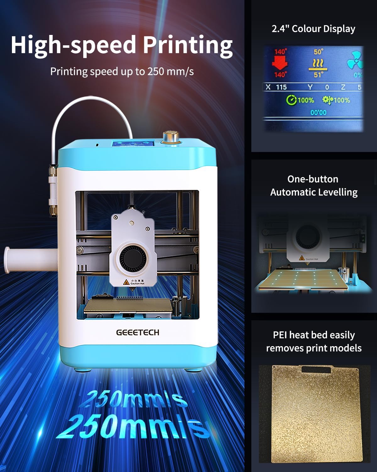 Fully Assembled Mini 3D Printer for Kids & Beginners - Complete Starter Kit with Auto Leveling 3D Printing Machine, 1 Roll of Filament, and SD Card, High-Speed 250mm/s, High Precision, for School Home
