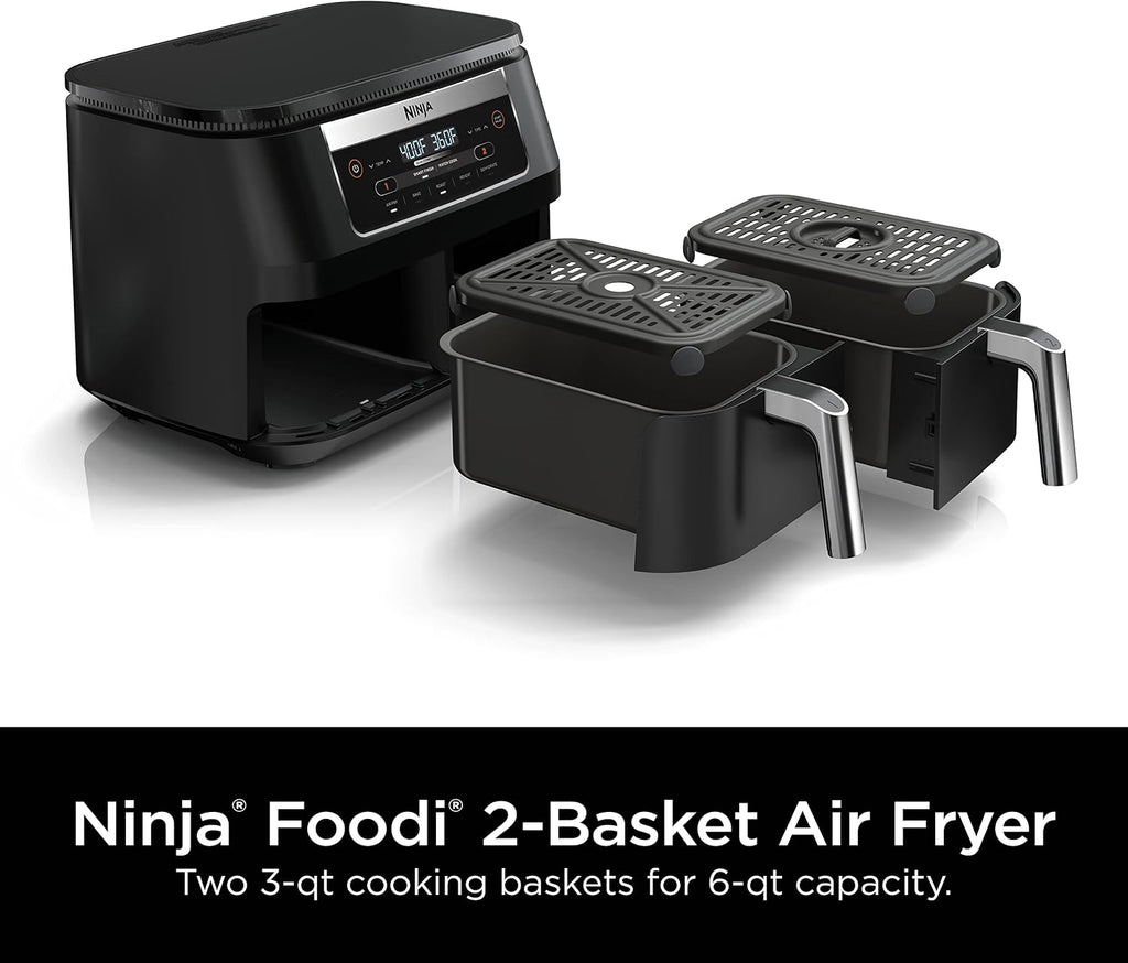 Ninja DZ090 Foodi 6 Quart 5-in-1 DualZone 2-Basket Air Fryer with 2 Independent Frying Baskets, Match Cook & Smart Finish to Roast, Bake, Dehydrate & More for Quick Snacks & Small Meals, Black