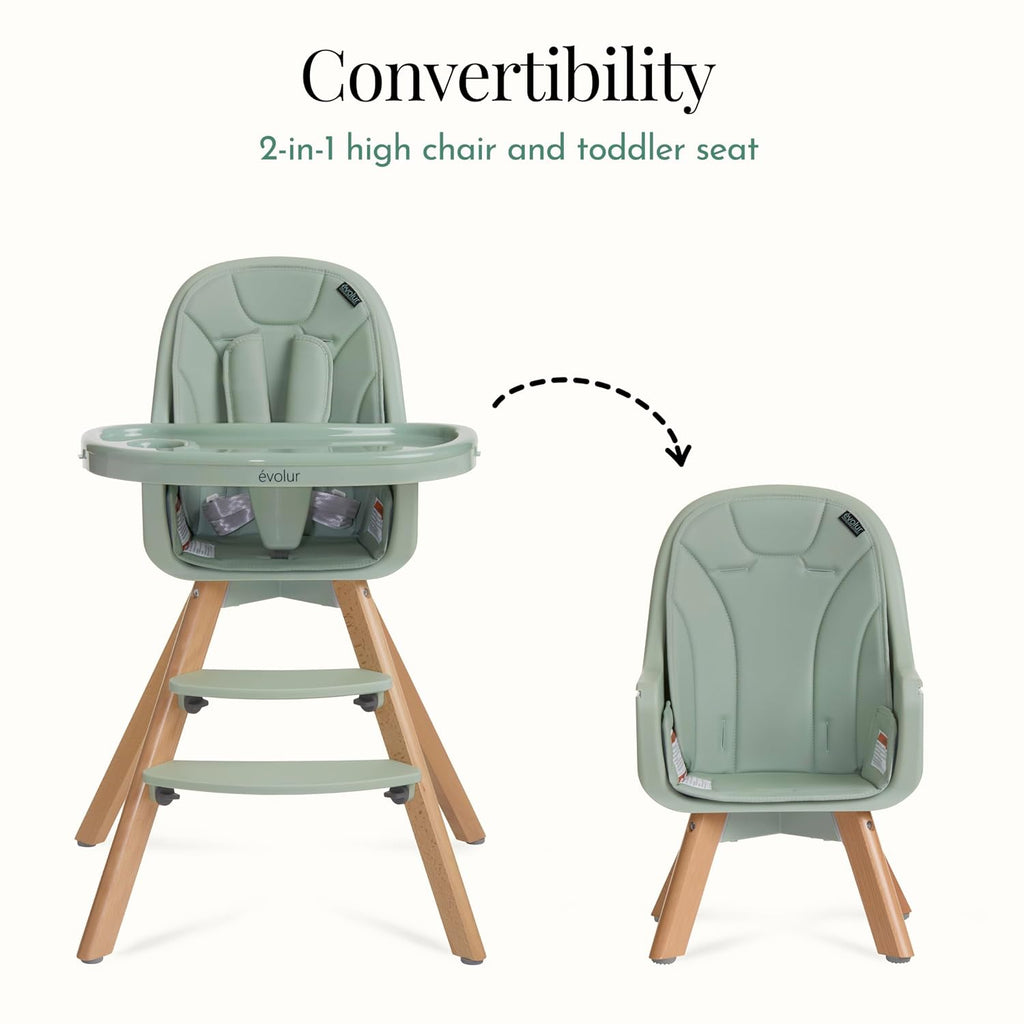 Evolur Zoodle 2-in-1 High Chair for Baby & Toddler – Convertible High Chair to Toddler Chair, Padded Seat, 5-Point Safety Harness, Dual Dishwasher-Safe Trays, Solid Beechwood Legs – Sage Green