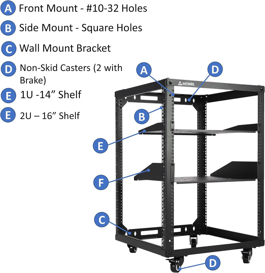 AEONS 15U Open Frame Network Server Rack 19-inch 4 Post AV Rack with Casters for Floor Standing and Wall Mount, Side Load for Extra Depth– Complete Kit with 1U and 2U Vented Shelves, Black