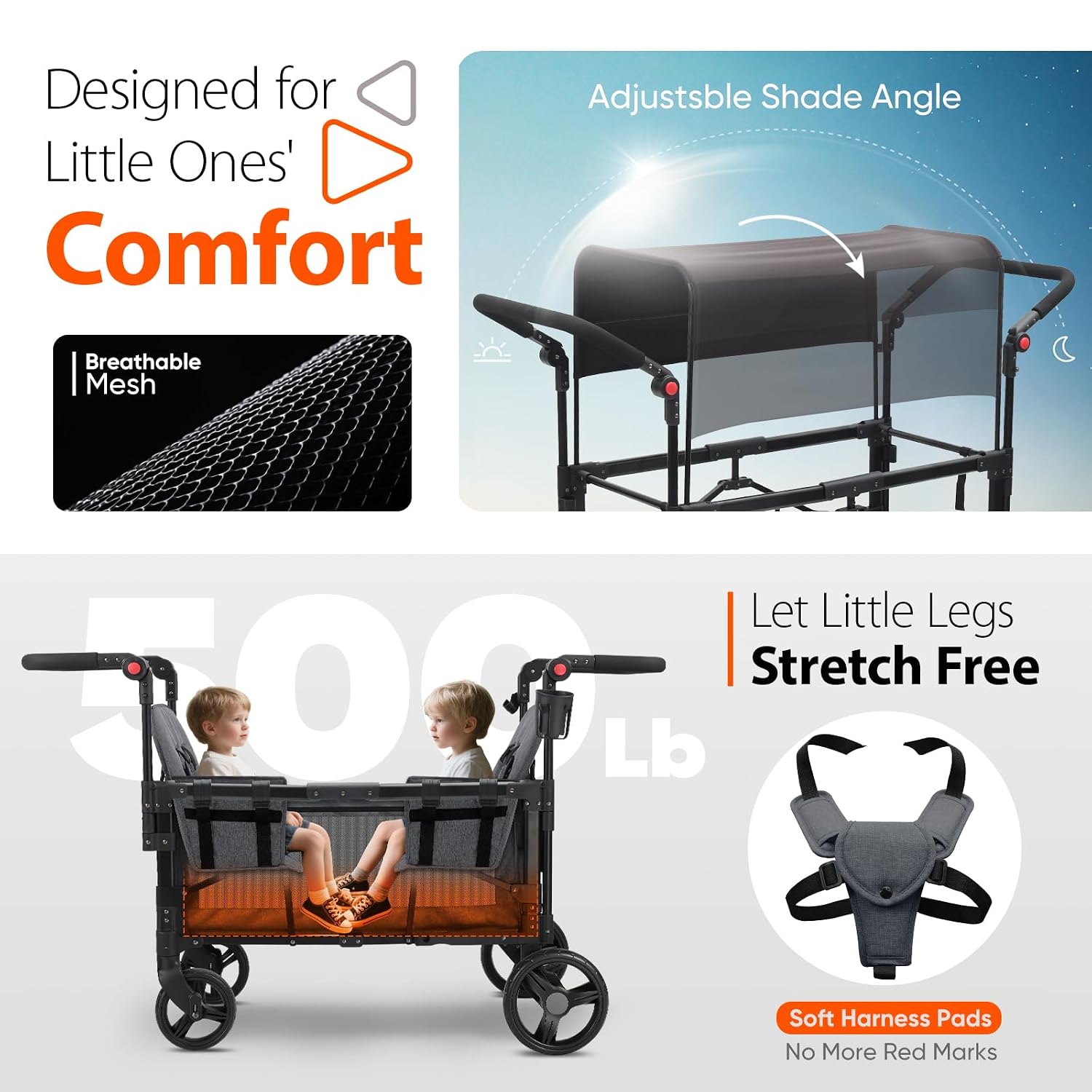 Sekey Wagon Stroller for 2 Kids, Luxury 4-in-1 Stroller Wagon - Premium Quality with Convertible Seats, Adjustable Push Handles, Removable Canopy, Snack Tray & Cooler, US Certified
