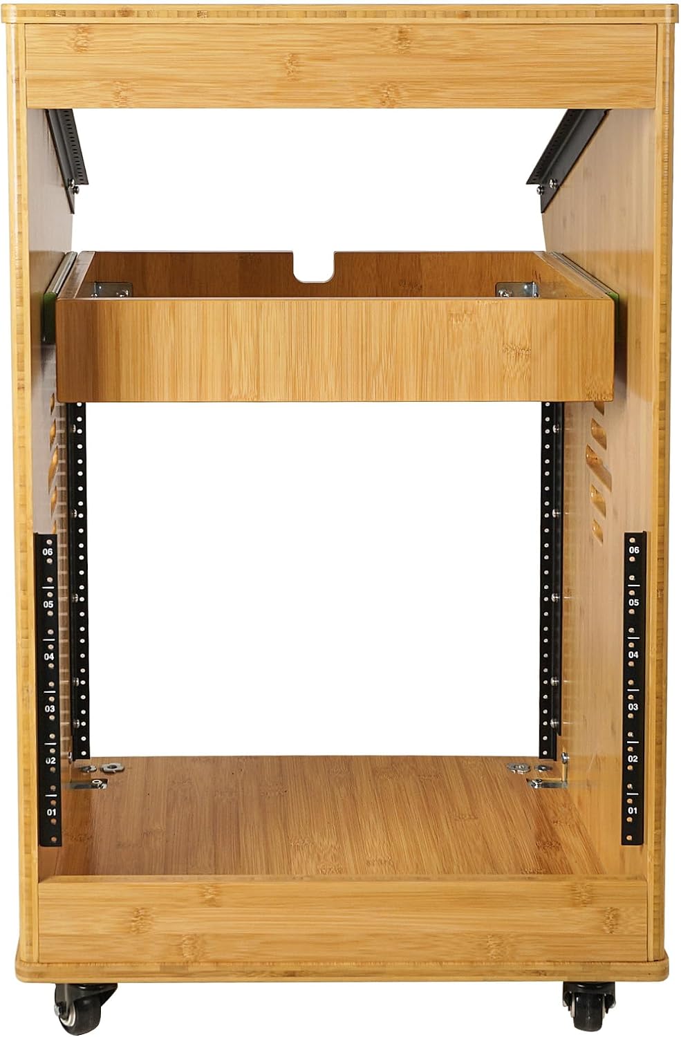 Sound Town DIY Solid Carbonized Bamboo Studio Rack with 11U Slant Mixer Top, 10U Front, 2U Drawer, Rubber Feet, Casters, for Recording Room, PA/DJ Equipment, Home-Audio (STBR-M11X10)