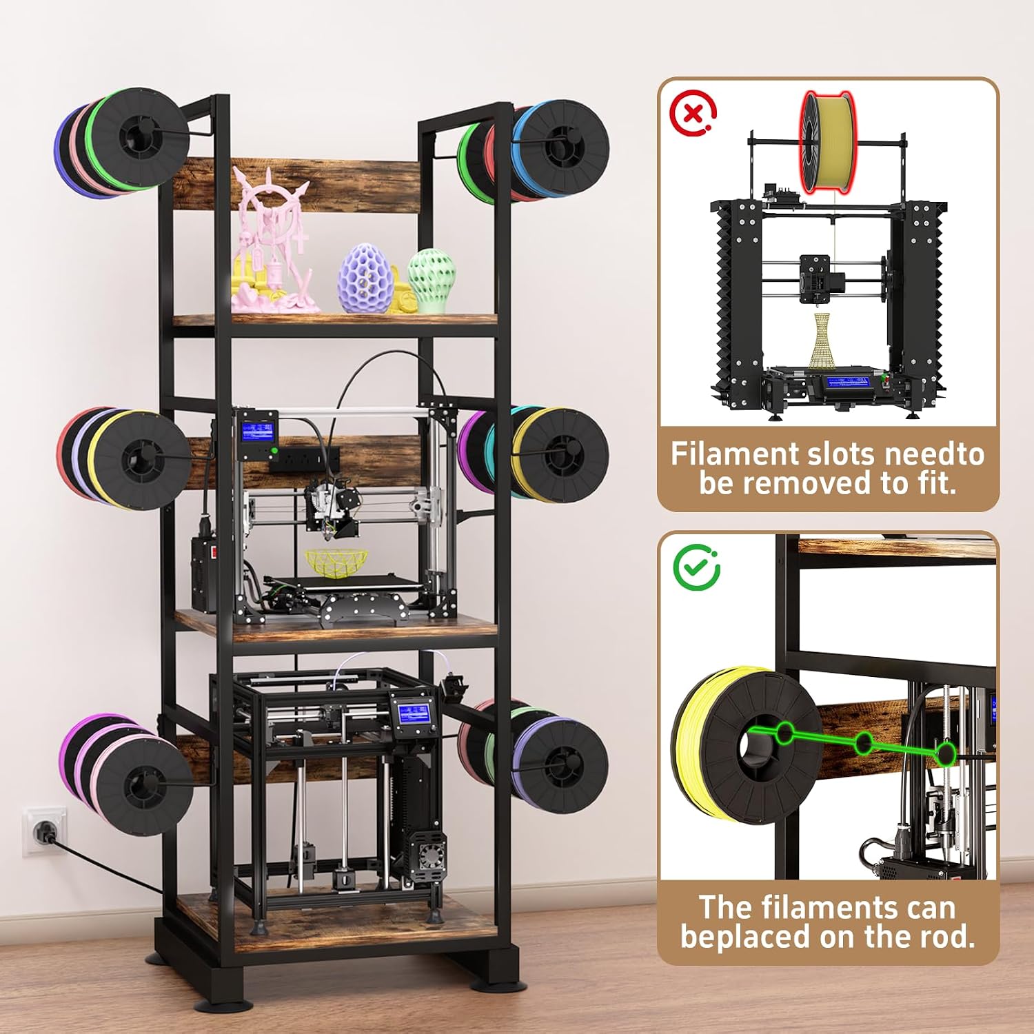 3D Printer Stand with Filament Storage,3D Printer Rack with Power Outlet,Heavy-Duty 3D Printer Storage Shelf for ABS/PLA/TPU Filament Spools,Perfect for 3D Printing Workshops, Retro Brown