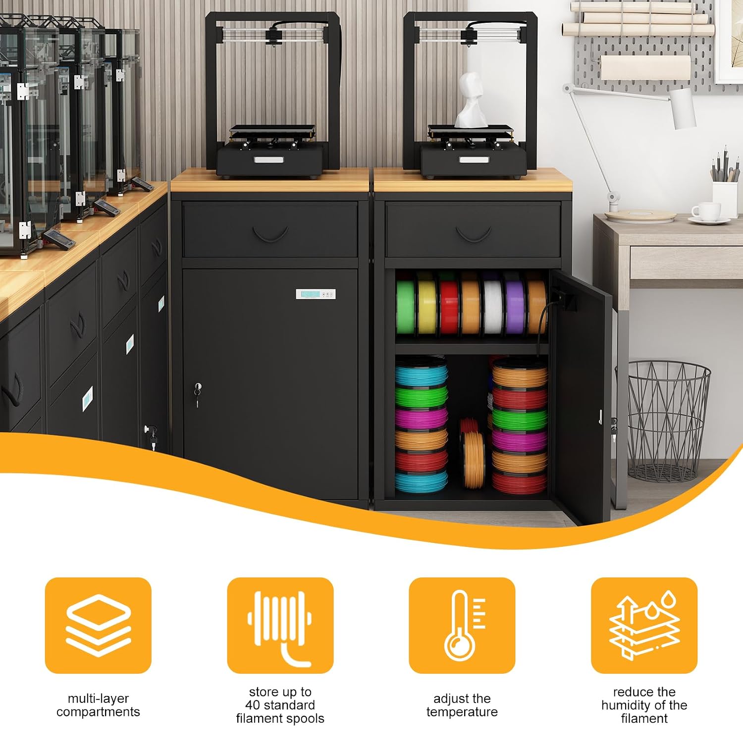 Dual-Door Dry Cabinet Holds 40 Rolls for 3D Printers, 180L Dehumidifying Filament Storage Cabinet, Industrial-Grade Organizer for PLA/ABS/TPU/Nylon, with Stand & Airtight Humidity Control