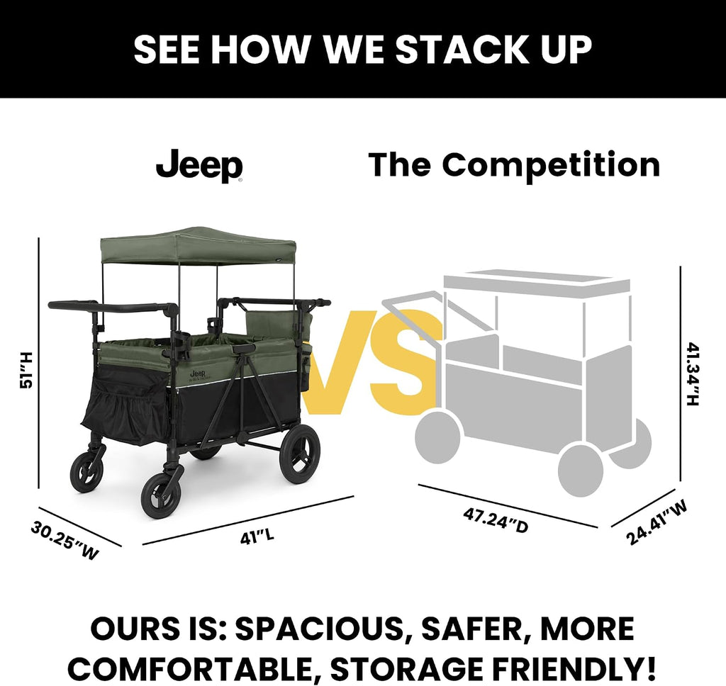 Delta Children - Jeep Wrangler Deluxe 4 Seater Stroller Wagon - Premium Quad Stroller Wagon for 4 Kids with Convertible Seats, Adjustable Push/Pull Handles, Removable Canopy & Flat Fold, Black/Green
