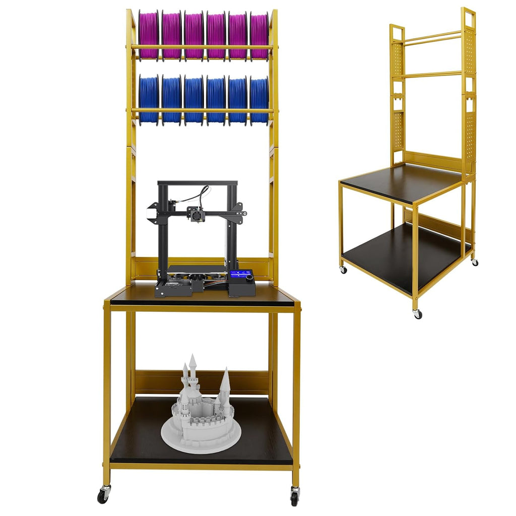 3D Printer Stand and Filament Storage, Heavy Duty 3D Printer Table on Wheels, Sturdy 3D Printer Filament Storage Rack, Large Shelf 3D Printer Stand Cart Desk for Workshop Studio Office(Gold)