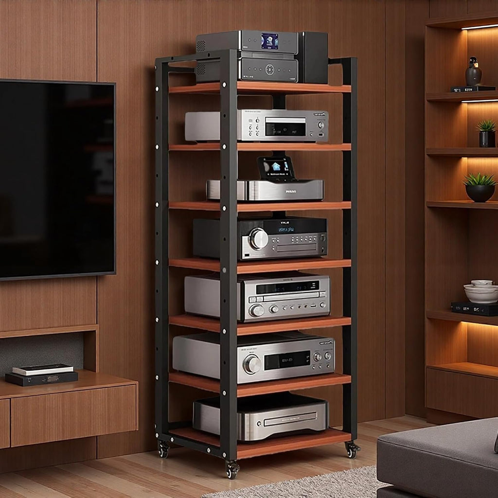 7-Tier Av Media Stand, Audio Rack with Adjustable Shelves, Stereo Racks and Stands with Wheels, Stereo Rack for Home, Office, Theater(A)