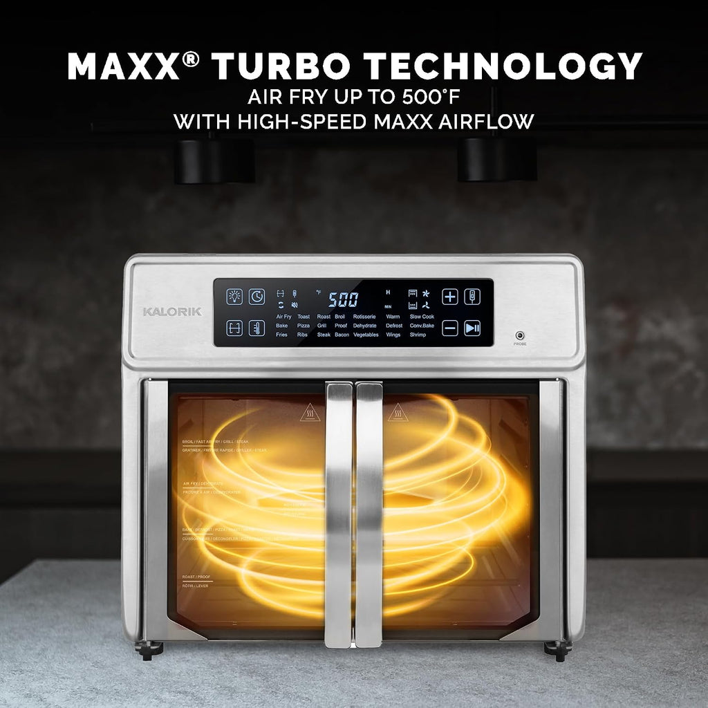 Kalorik Air Fryer Oven MAXX Advance Series 26-Quart with Digital Controls Easy-View Door and 21 Smart Cooking Presets, Includes Cooking Accessories with XXL Air Fry Basket, 1700-Watts, Stainless Steel