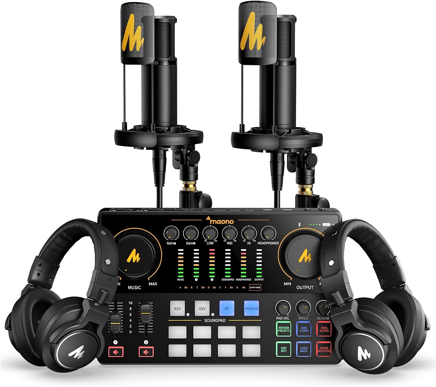 MAONO Podcast Equipment Bundle for 2: Audio Interface Mixer with 2 XLR Condenser Mic and 2 Headphone Podcast Streaming MaonoCaster E2 Gen2+2*PM320T+2*MH700