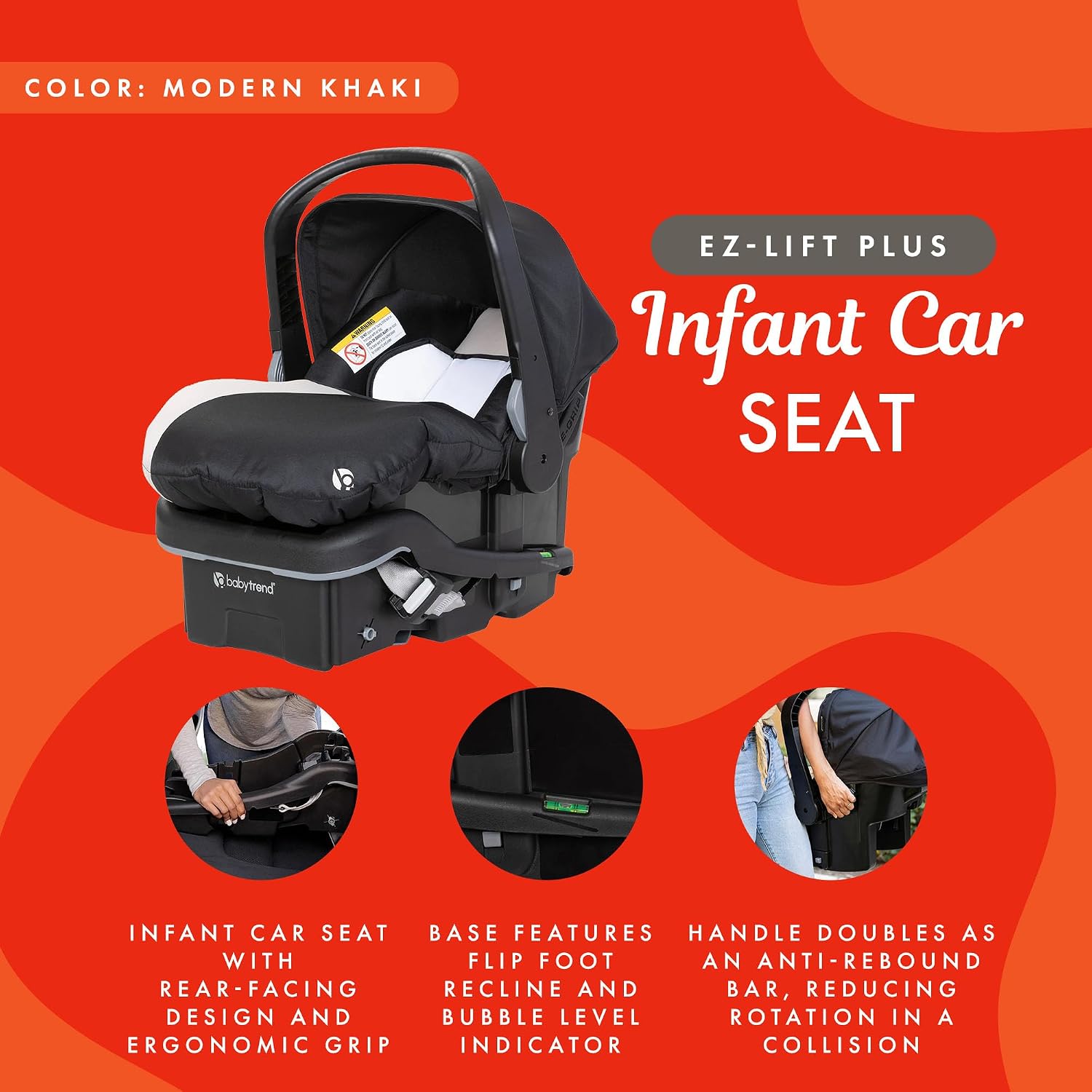 Baby Trend EZ-Lift 35 Plus Ergonomic Lightweight Rear-Facing Infant Car Seat with Multi-Position Base and Cozy Cover, Modern Khaki