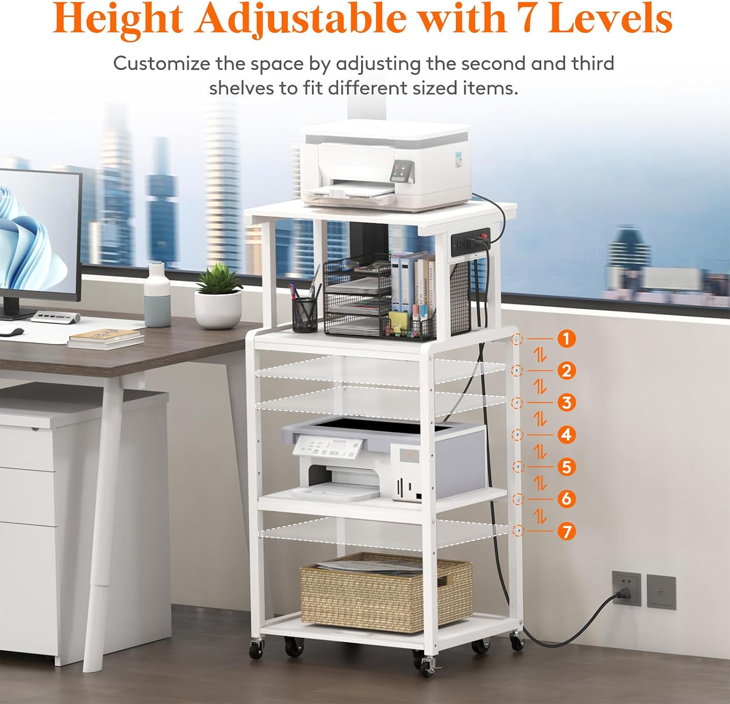 Lifewit 4 Tier Printer Stand with 3 Power Outlets, Wheels and Adjustable Storage Shelf for Home Office, Rolling Printer Cart for Shredder, Scanner, Fax, Hold 340lbs, White