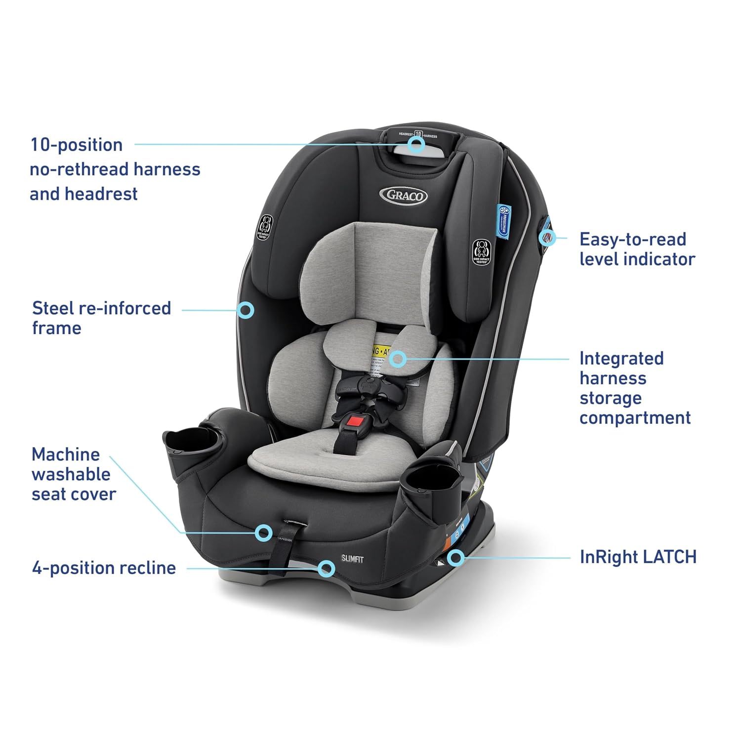 Graco Slimfit 3-in-1 Convertible Car Seat, Slim Car Seat with Space-Saving Design, Highback Booster Seat with 10-Position Headrest, Rear Facing and Forward Facing Carseat, Darcie