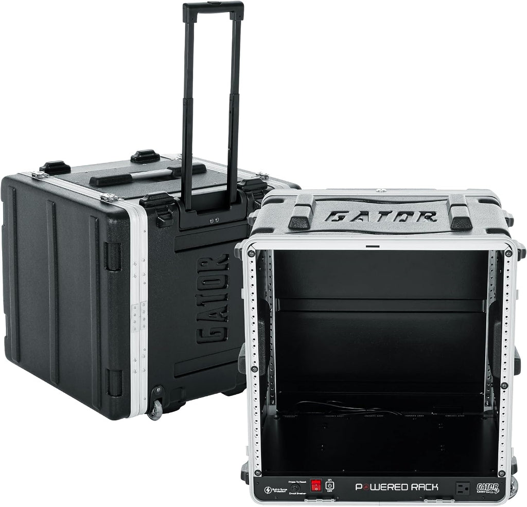 Gator Cases Lightweight Molded 10U Rack Case with Built-in Power Supply, Heavy Duty Latches, Retractable Tow Handle, and Recessed Wheels, 19.25' depth (GRR-10PL-US)
