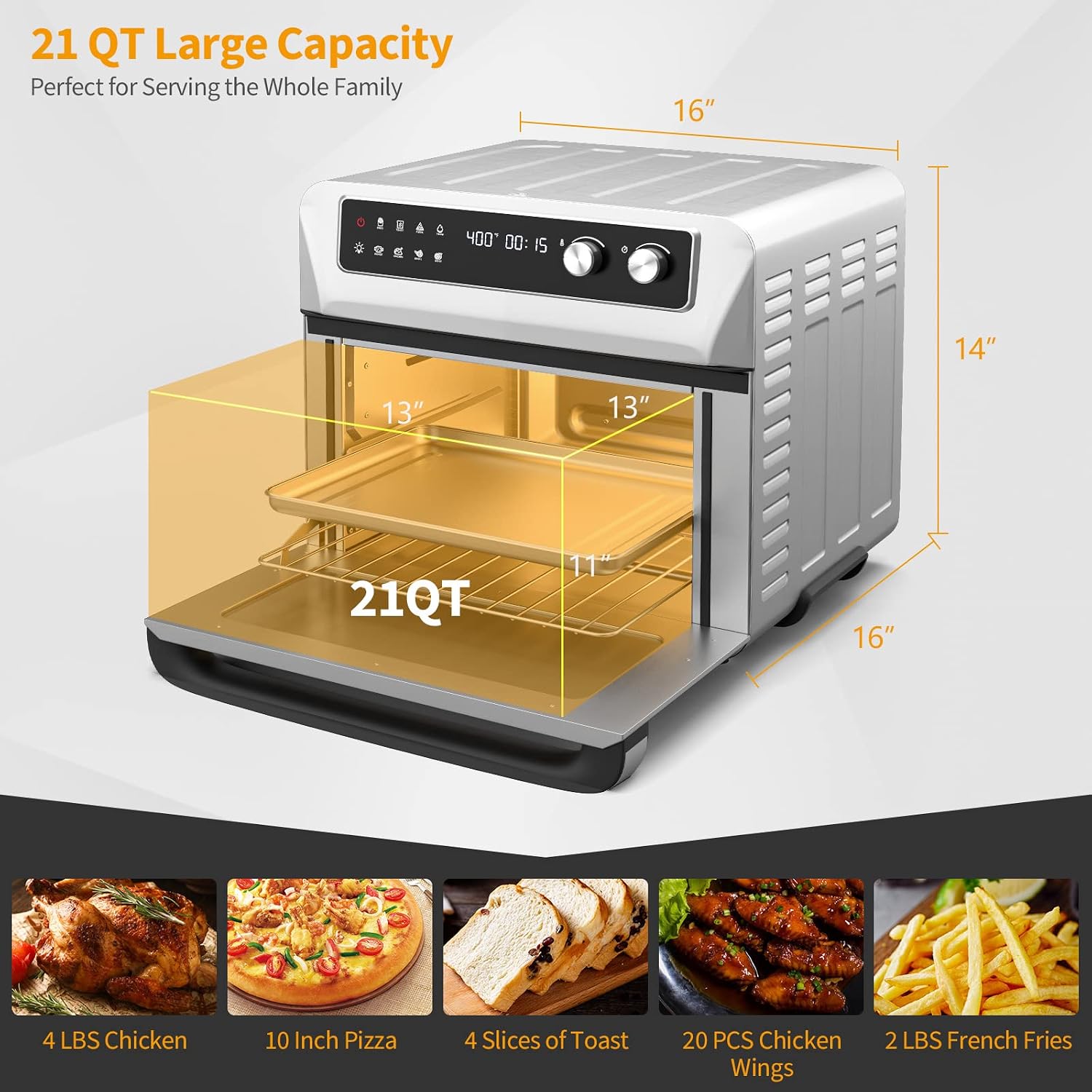 21 QT Air Fryer Toaster Oven Combo, 1800W Electric Digital Countertop Convection Oven w/ 360°Circulation, LCD Display, 8-in-1 Air Fryer, Toast, Thaw, Dehydrate, w/ 5 Accessories & Recipe