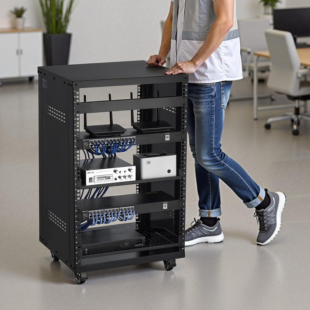 VEVOR 16U AV Rack, Recording Studio Rack Cabinet, Open Frame Server Rack with Locking Caster Wheels, Removable Side Panels & Vent Design for 19' Network, Audio, Video, IT & Network Equipment Mounting