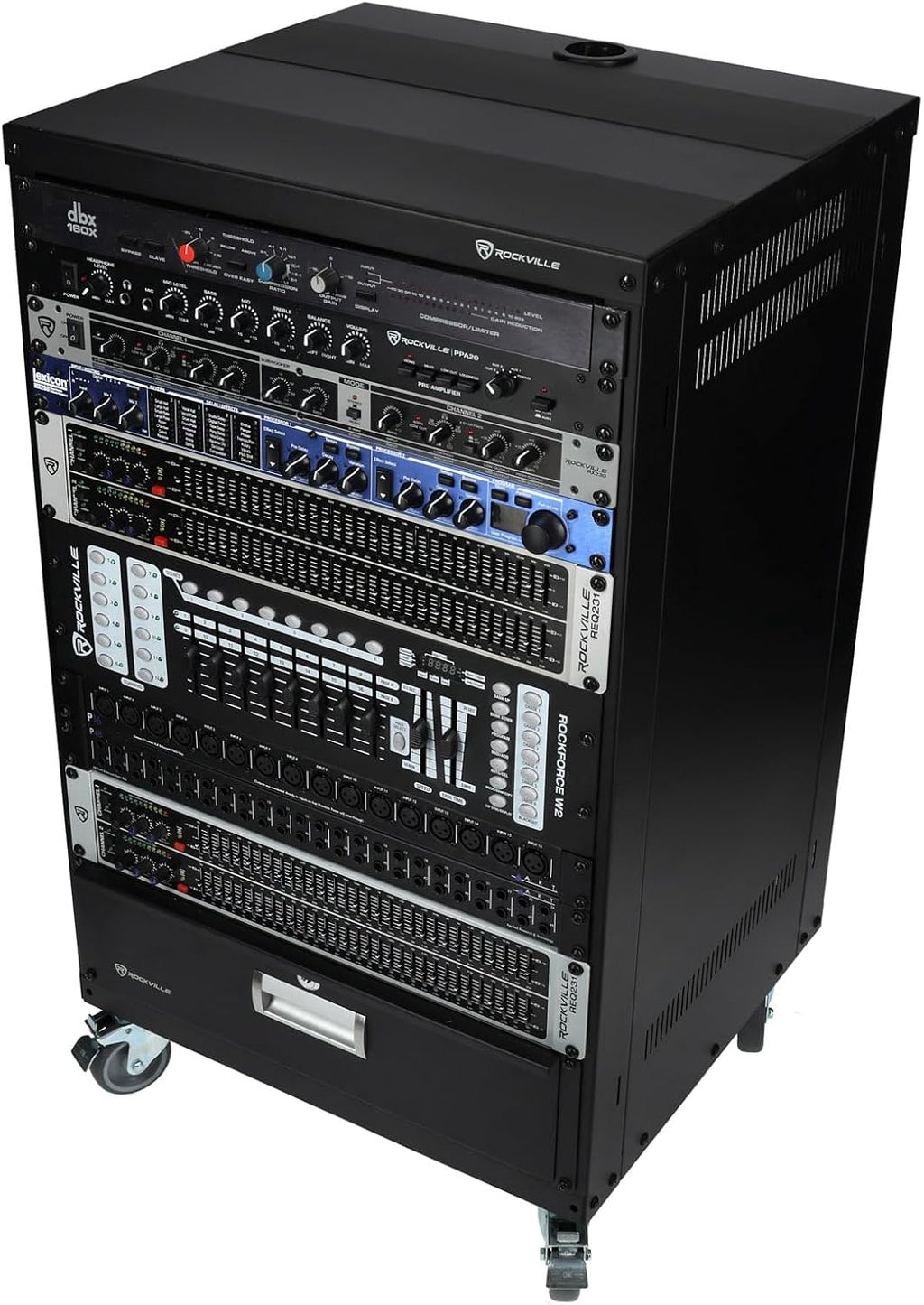 Rockville RR16U 16U Live Sound/Recording Studio Rack Case with Wheels, Reversible Rack Rails, Front & Rear Mounting, Cable Management Ports, 440lb Capacity