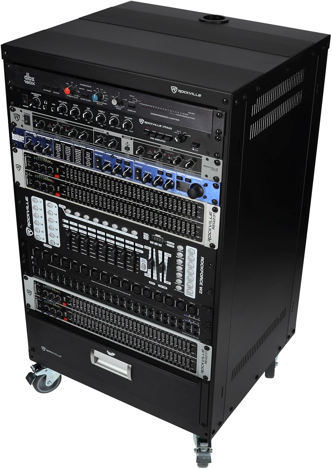 Rockville RR16U 16U Live Sound/Recording Studio Rack Case with Wheels, Reversible Rack Rails, Front & Rear Mounting, Cable Management Ports, 440lb Capacity