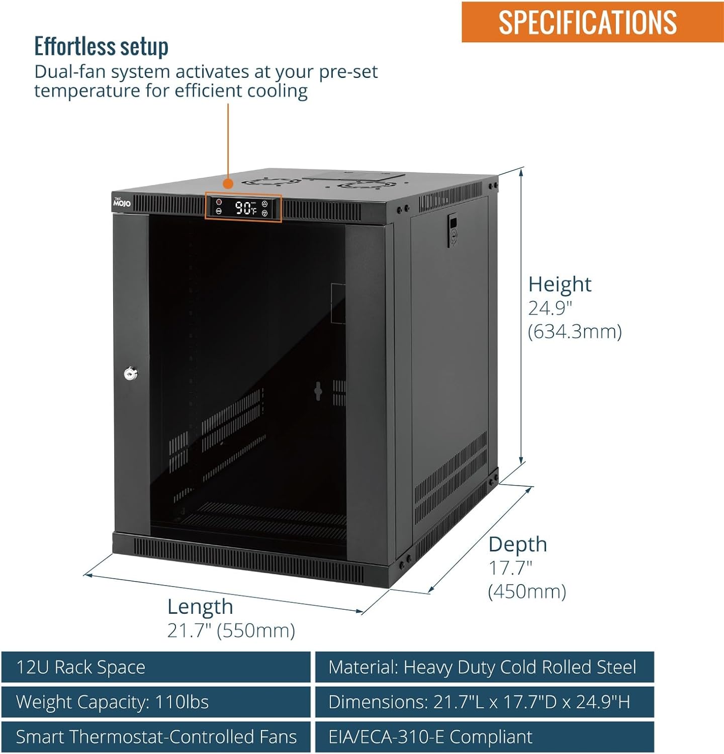 Tecmojo 12U Wall Mount Rack with Thermostat, 17.7inch Depth Enclosed Server Cabinet with 2 Cooling Fans,Lockable Door & Hardware,12U Rack for 19inch Equipments,Glass Door