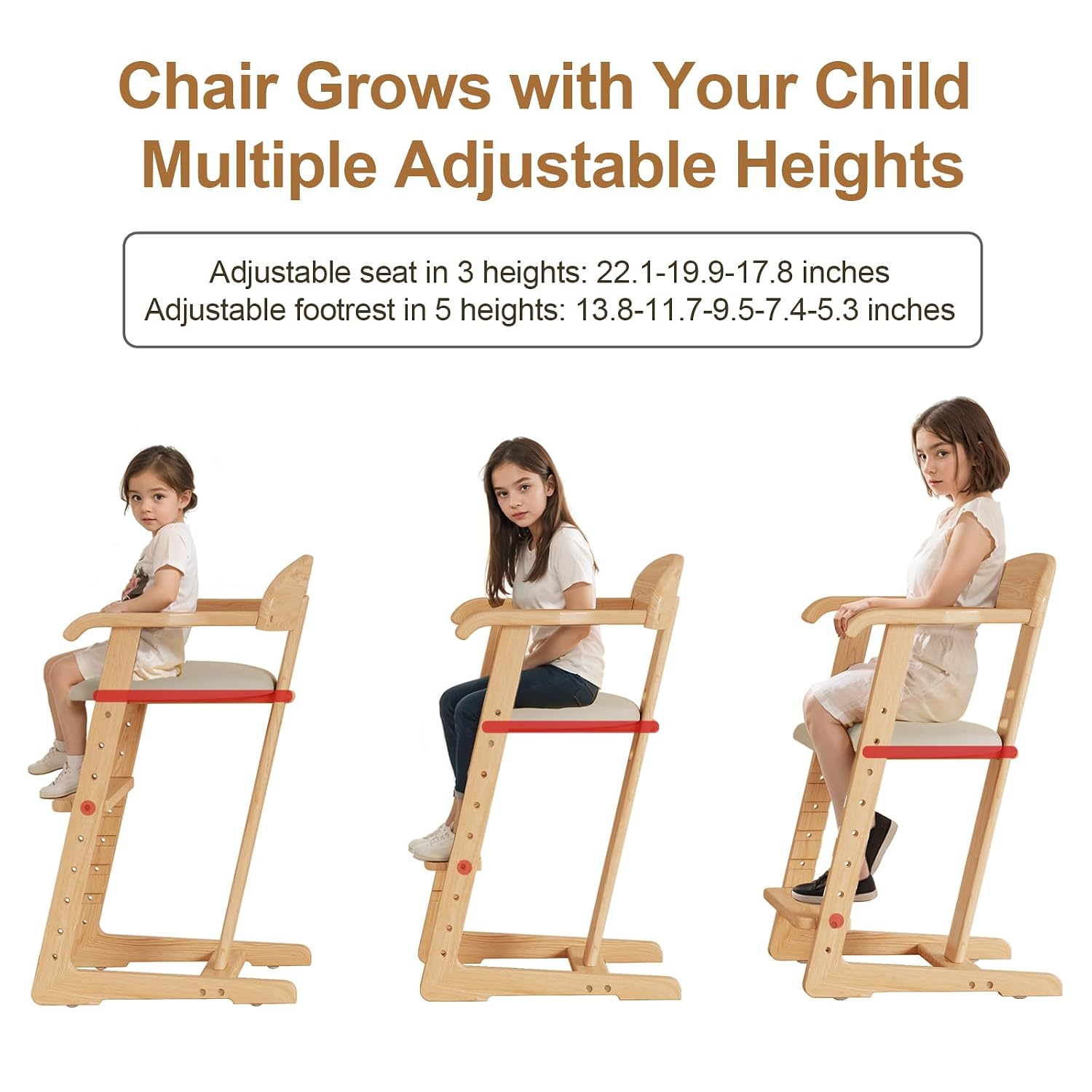 DOMGMUWUJEE Solid Wood Toddler Dining Chair - Adjustable Height Easy to Clean Toddler high Chair - Kids high Chair from 3 Years to 200 Lb, Grow with Child (Natural Grey)