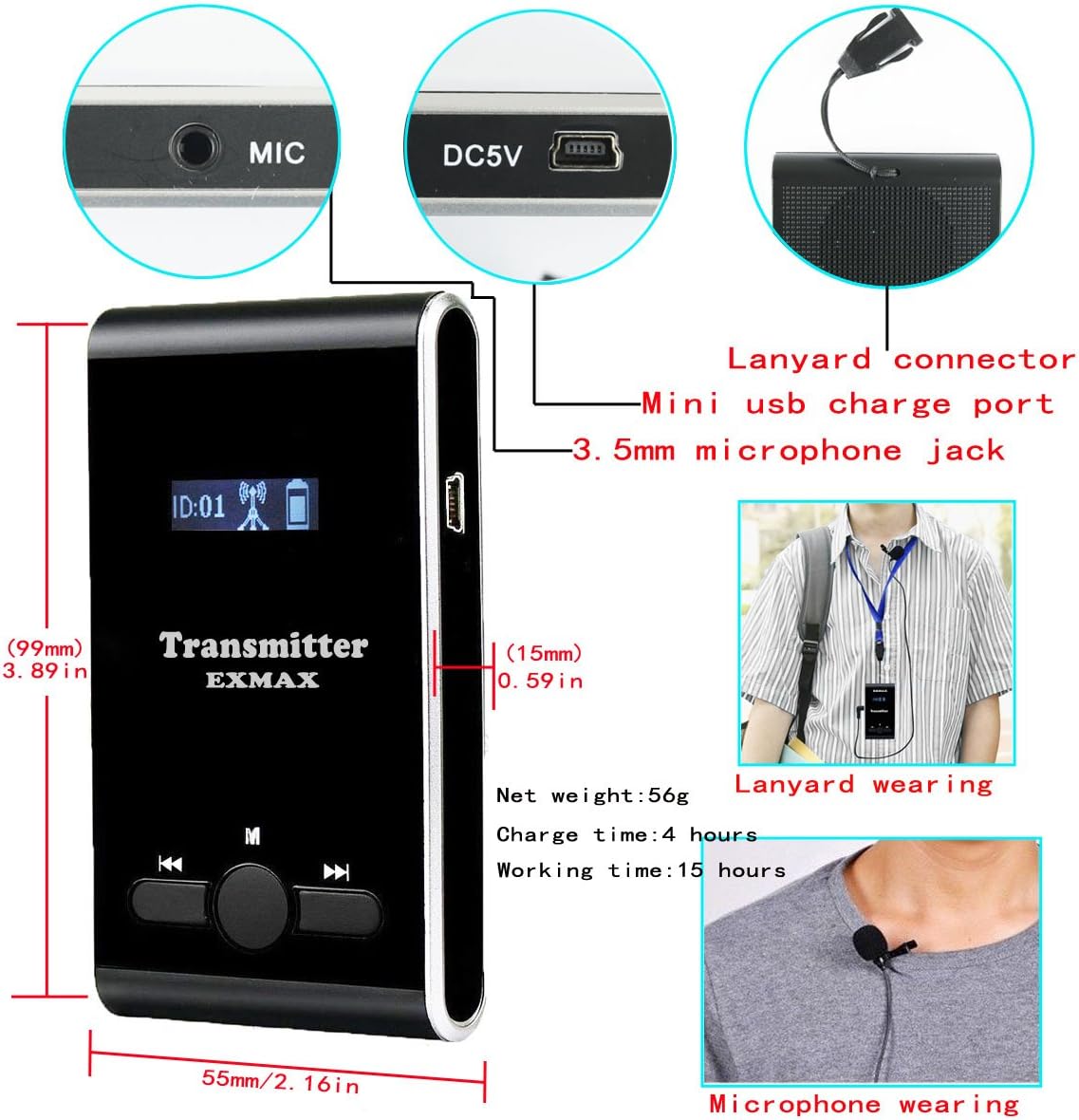 EXMAX ATG-100T 195MHz Wireless Tour Guide System Headsets Voice Transmission For Simultaneous Church Translation Translator Interpretation Equipment Teaching Conference Trip(1 Transmitter 6 Receivers)