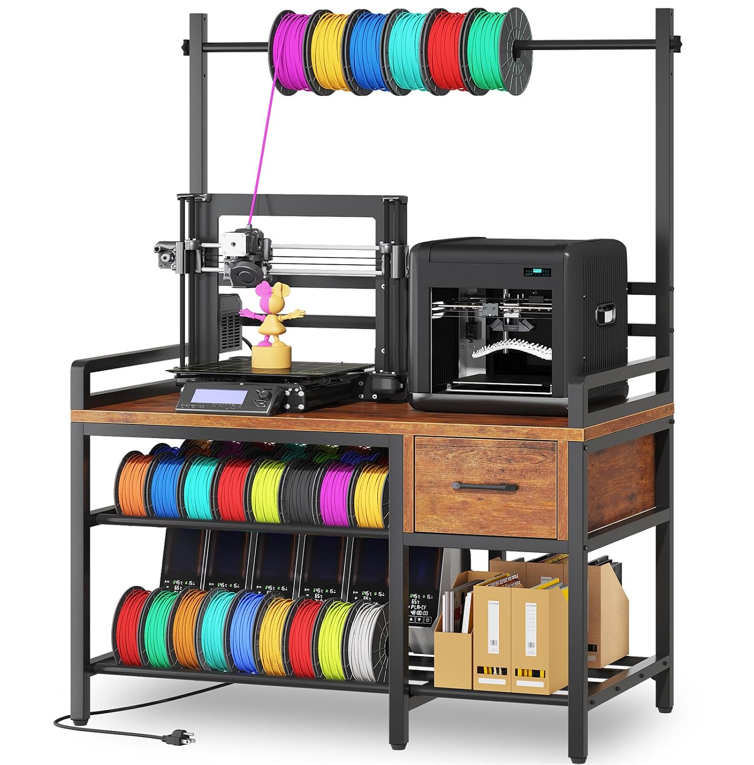 3D Printer Stand with Filament Storage – Tall 66' Heavy Duty Metal 3D Printer Table with Power Hub, Drawer & X-Bracket Stability for Workshop, Studio, Office