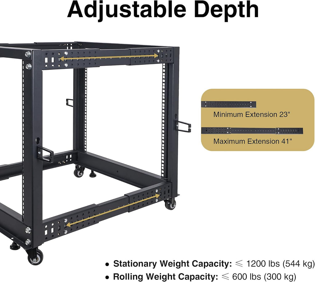 Sound Town 4-Post 12U Open Frame Sever and Network Equipment Rack with Adjustable Depth 22'-40', Casters, Levelers, Cable Management (ST4POF-A12U)