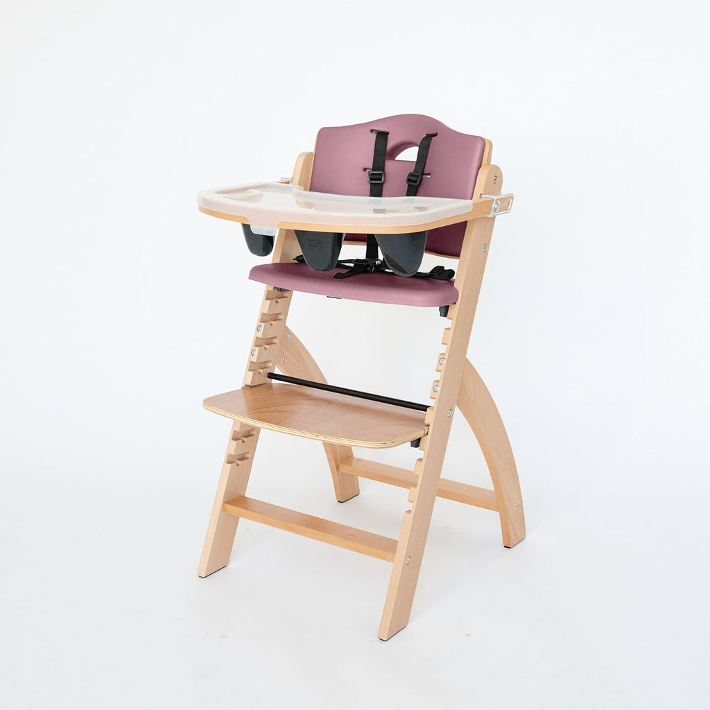 Abiie Beyond Junior Wooden High Chair for Babies and Toddlers - Convertible 3-in-1 Baby Highchair with Removable Tray - 6 Months to 250 Lb - Water Resistant - Natural Wood with Dusty Pink Cushion