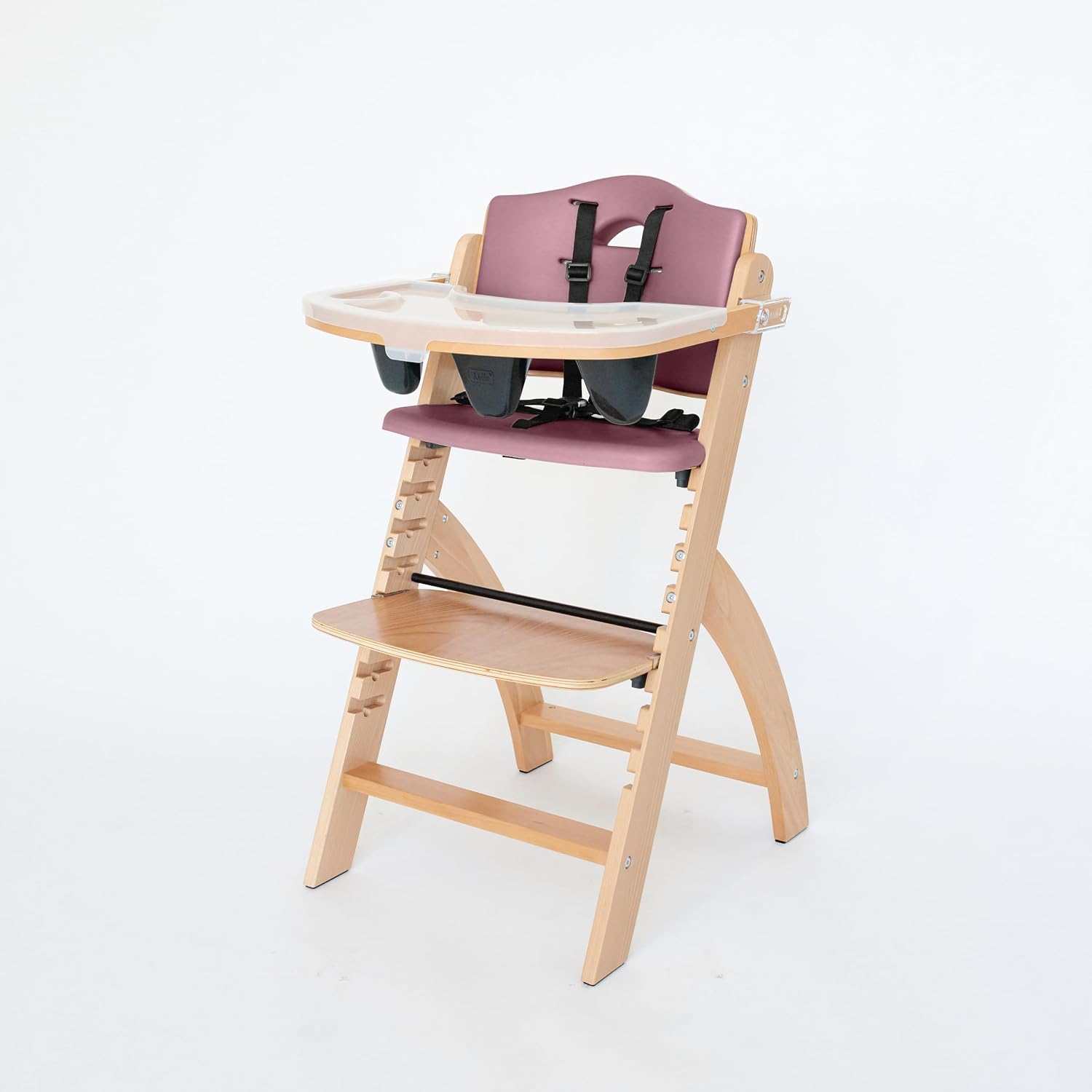 Abiie Beyond Junior Wooden High Chair for Babies and Toddlers - Convertible 3-in-1 Baby Highchair with Removable Tray - 6 Months to 250 Lb - Water Resistant - Natural Wood with Dusty Pink Cushion