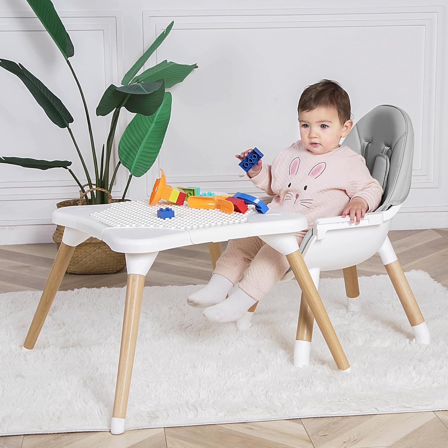 6 in 1 High Chair for Babies & Toddlers, Convertible Wooden Baby Highchair, Table and Chair Set, Baby Feeding Chair, 5-Point Adjustable Harness/4-Position Removable Tray& PU Seat Cushion(Grey)